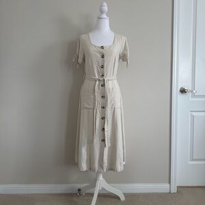 Cream Linen Cottagecore Button-Down Dress